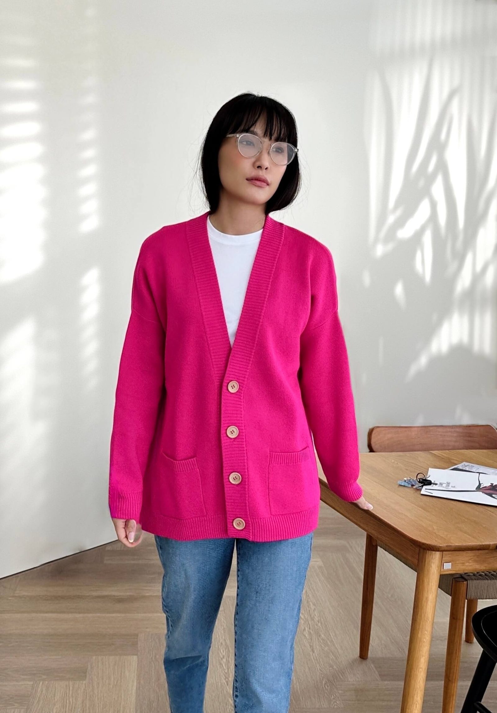 Jacquard wool blend cardigan for women - styled look | Avant Cashmere