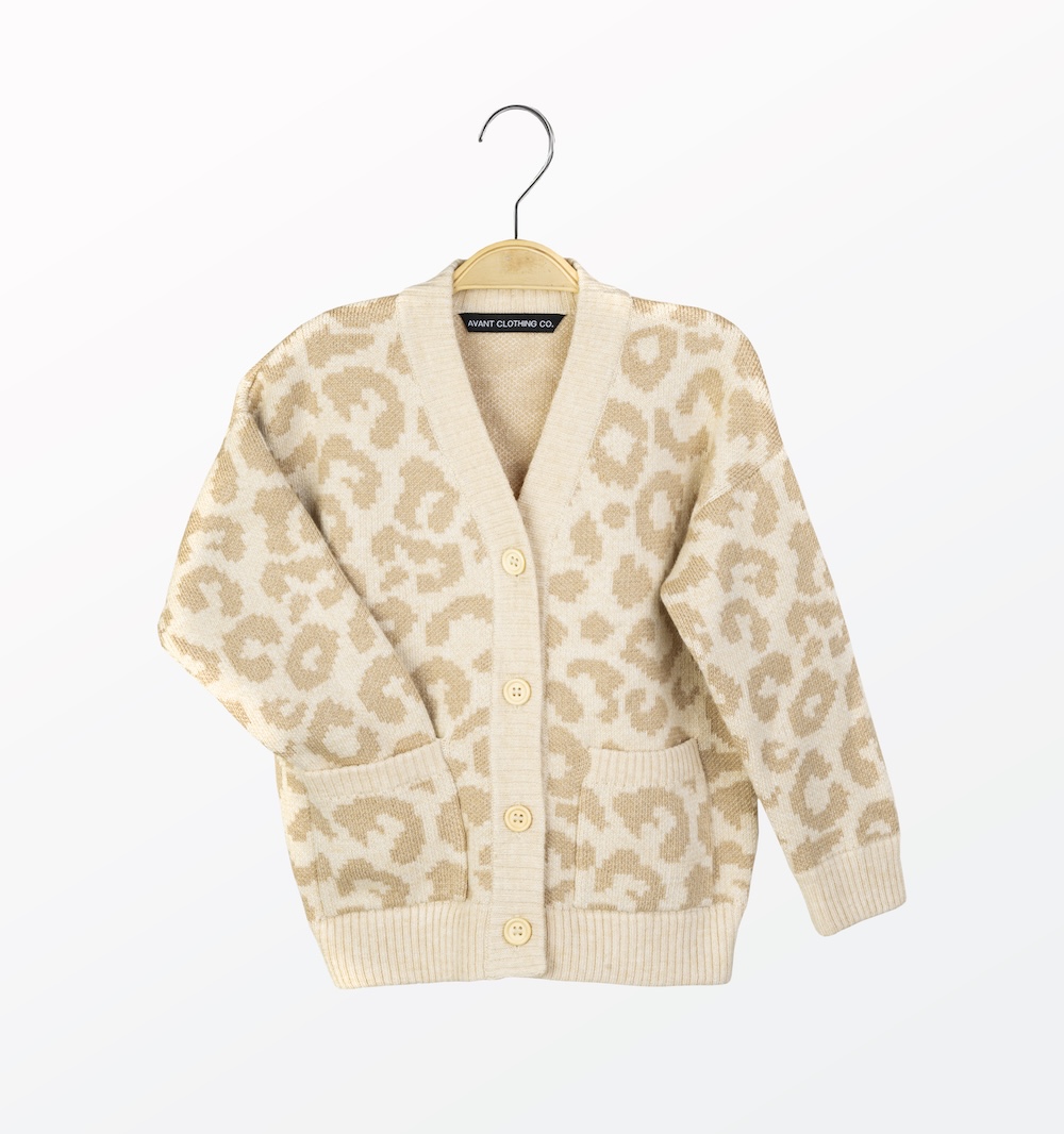 Leopard pattern wool blend cardigan for kids - flat lay | Avant Cashmere