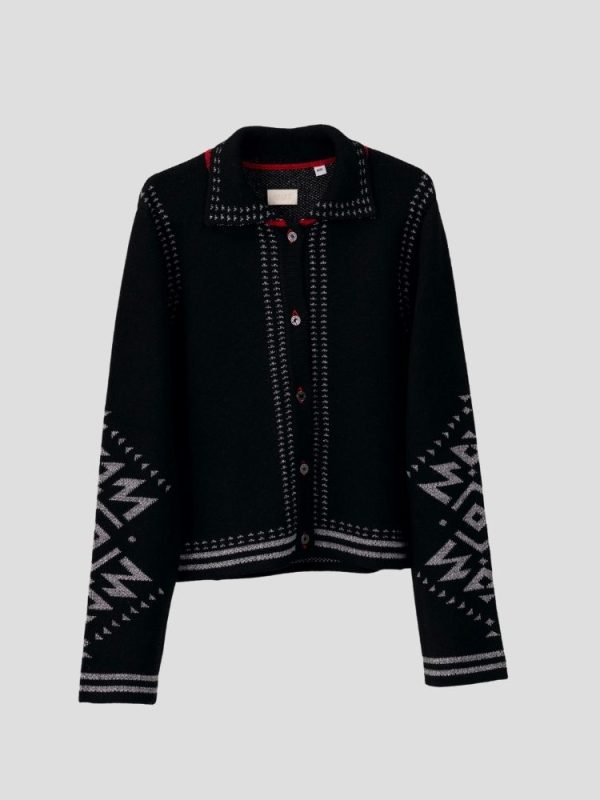 Black button-up cardigan with Aztec pattern - Image 5