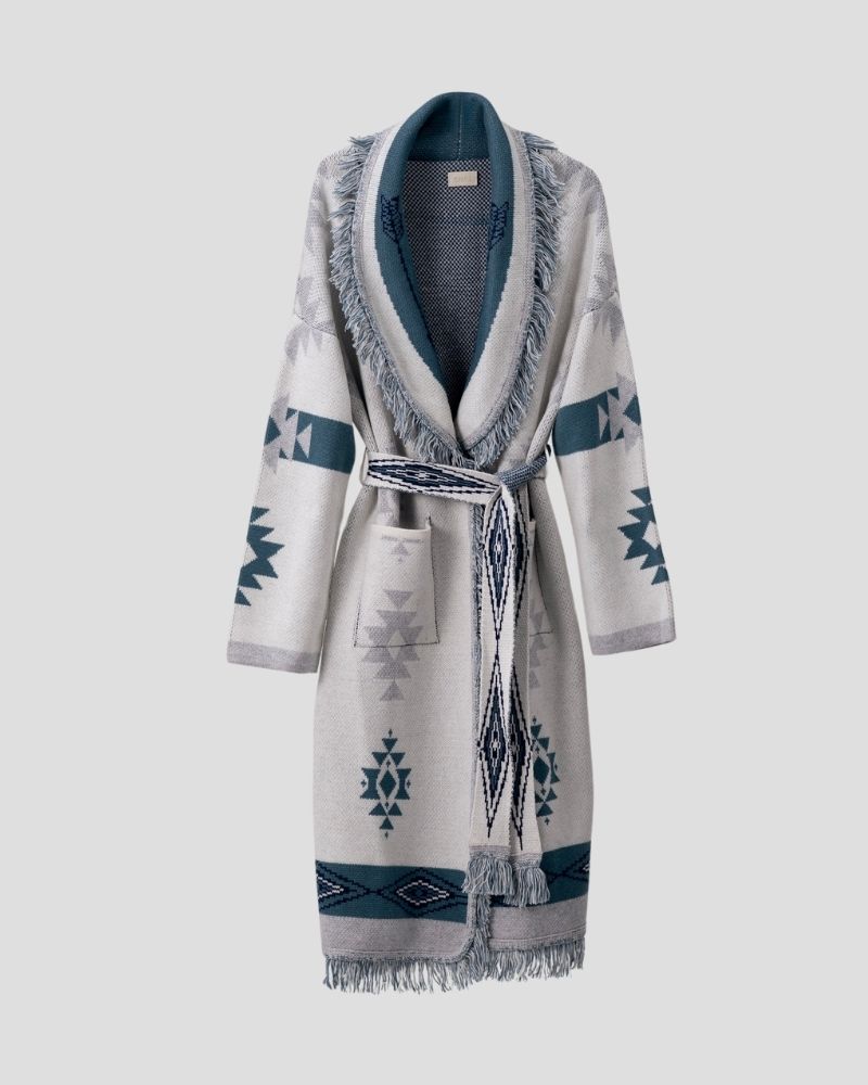 Aztec pattern wool blend cardigan for women - back view | Avant Cashmere