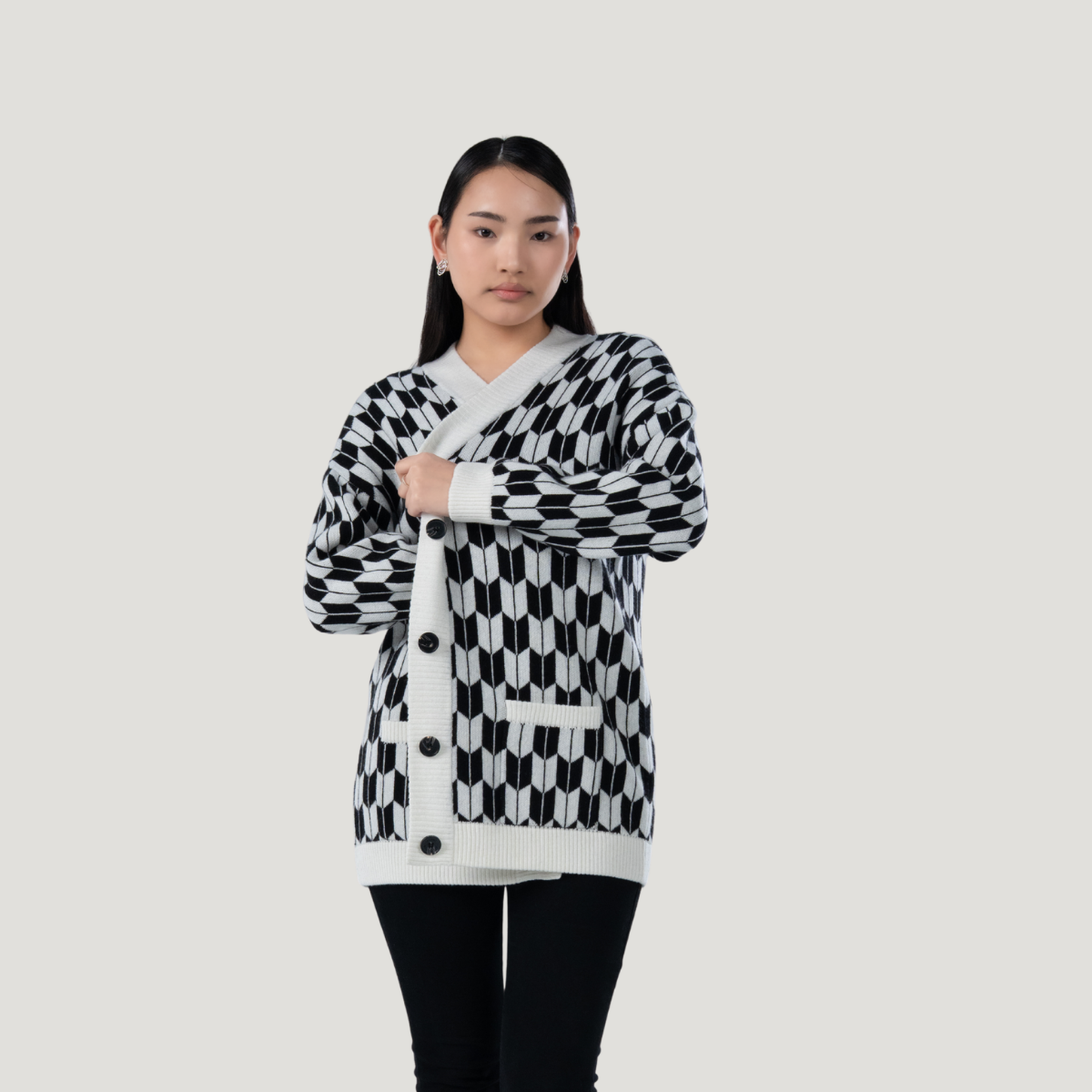 Jacquard wool blend cardigan for women - close-up texture | Avant Cashmere